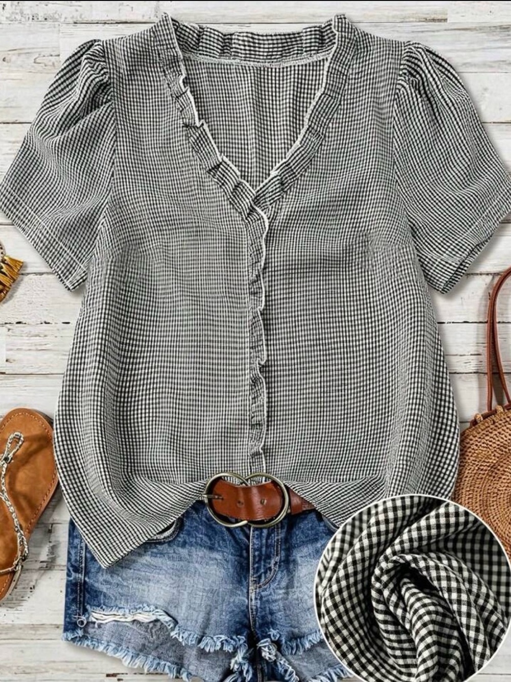 SHEIN Black & White Gingham V-Neck Ruffle Button Front Blouse